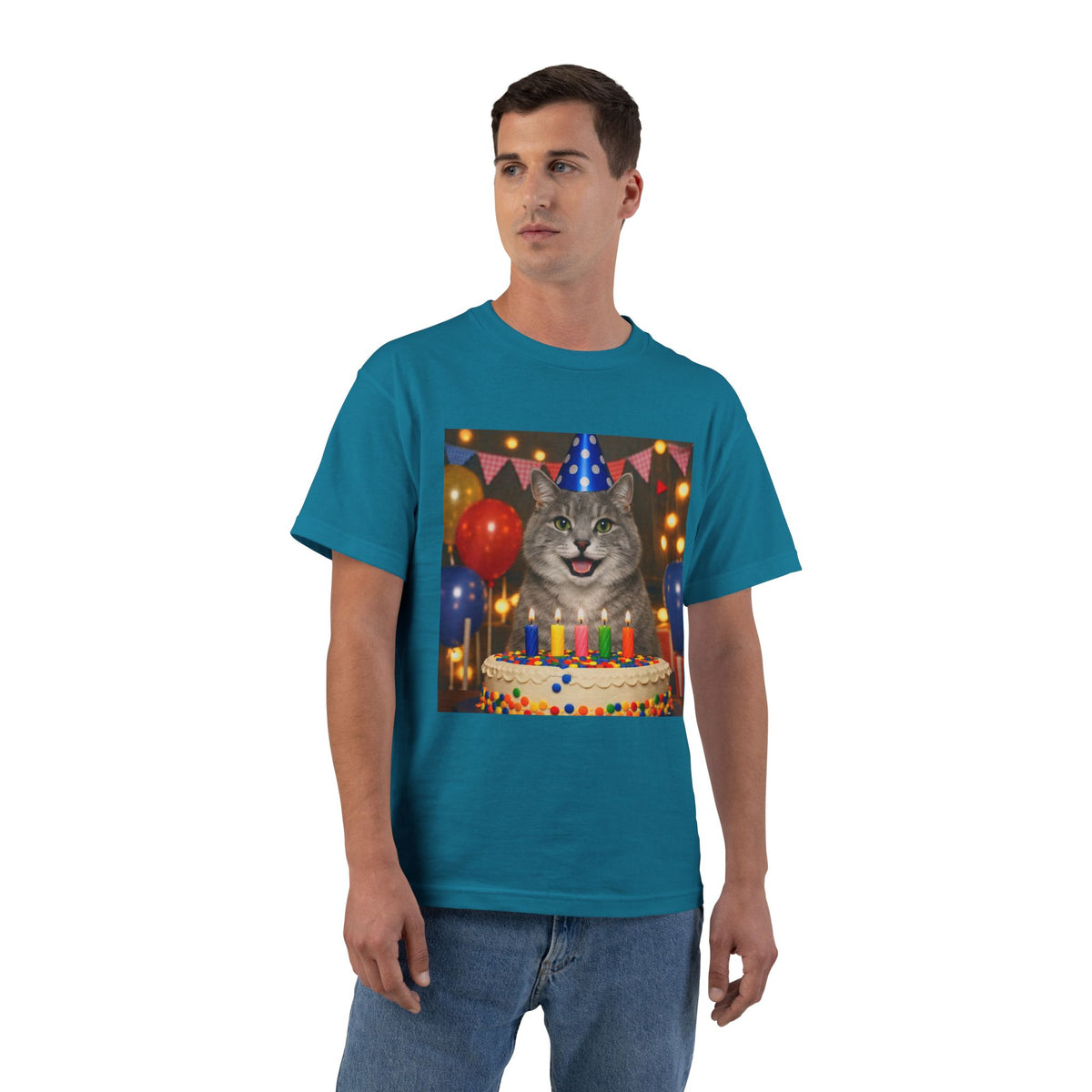 Birthday Buddy Cat Men's Short-Sleeve Crewneck Tee