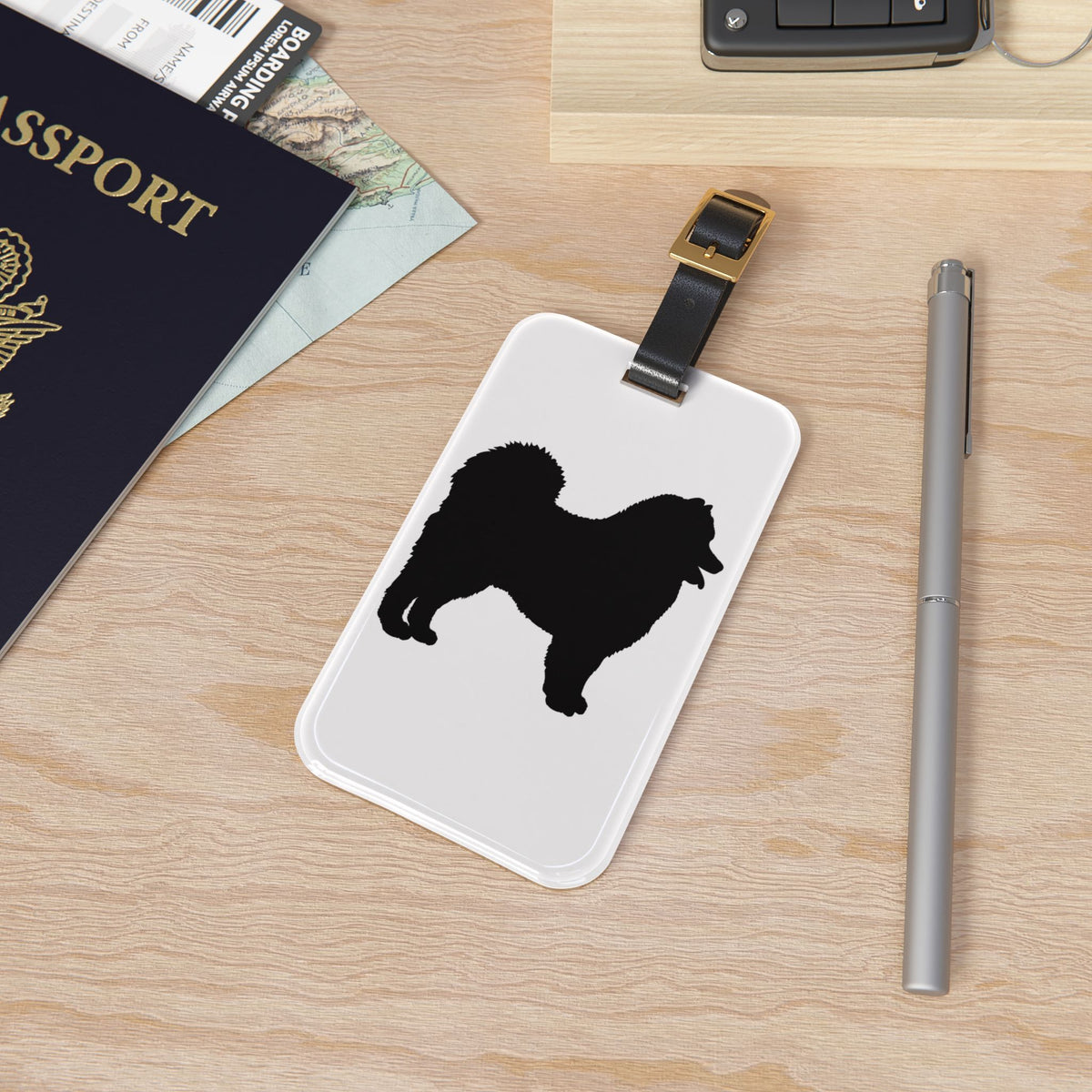 Samoyed Silhouette Leather Strap Luggage Tag