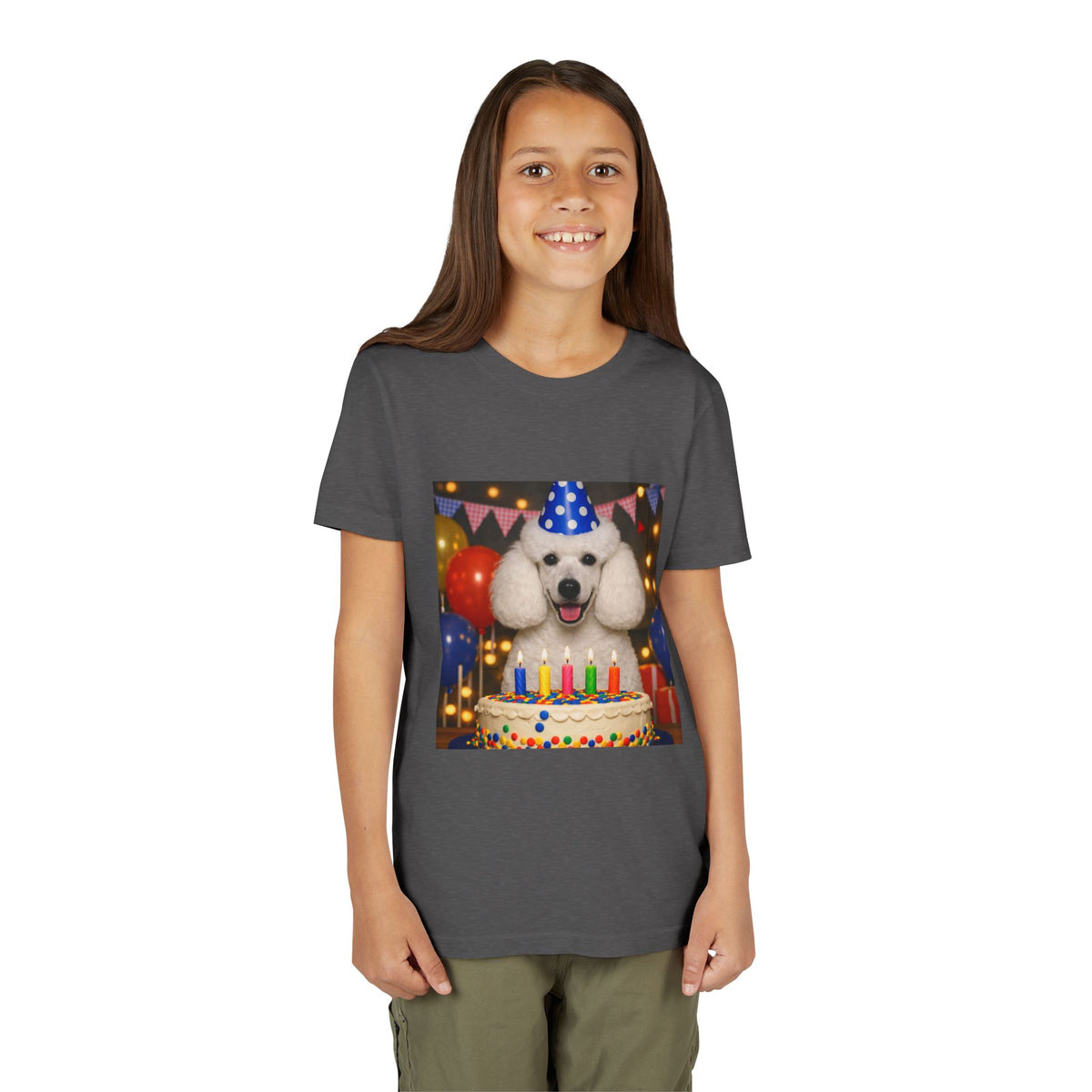 Birthday Buddy Poodle Youth Unisex Short Sleeve Crewneck Tee