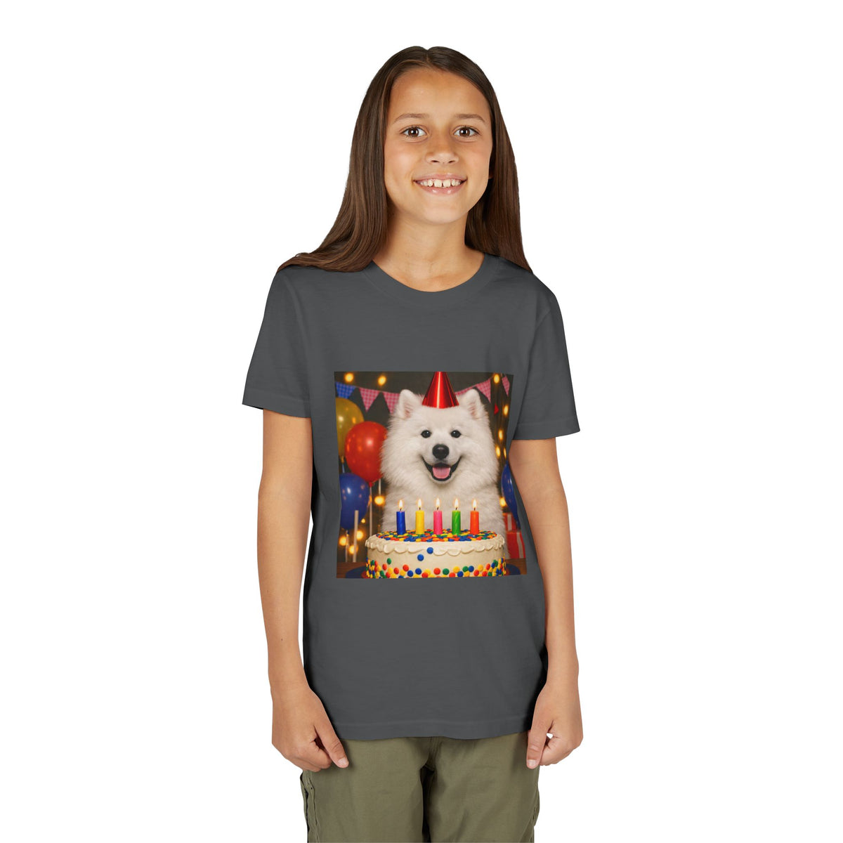 Birthday Buddy Samoyed Youth Unisex Short Sleeve Crewneck Tee