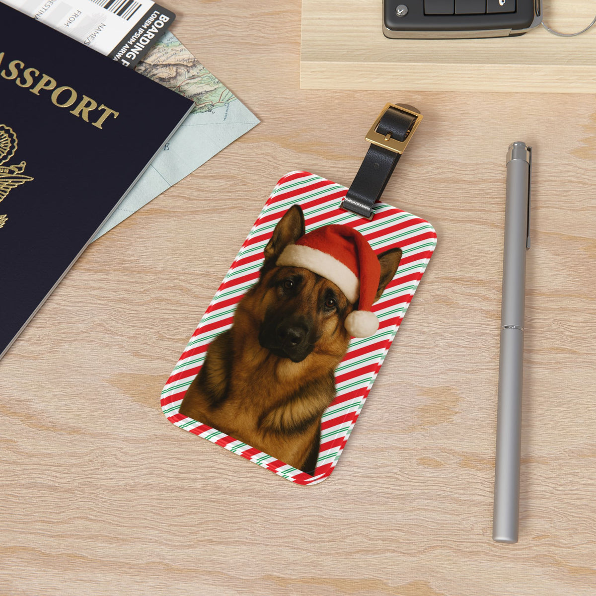Santa Paws German Shepherd Leather Strap Luggage Tag