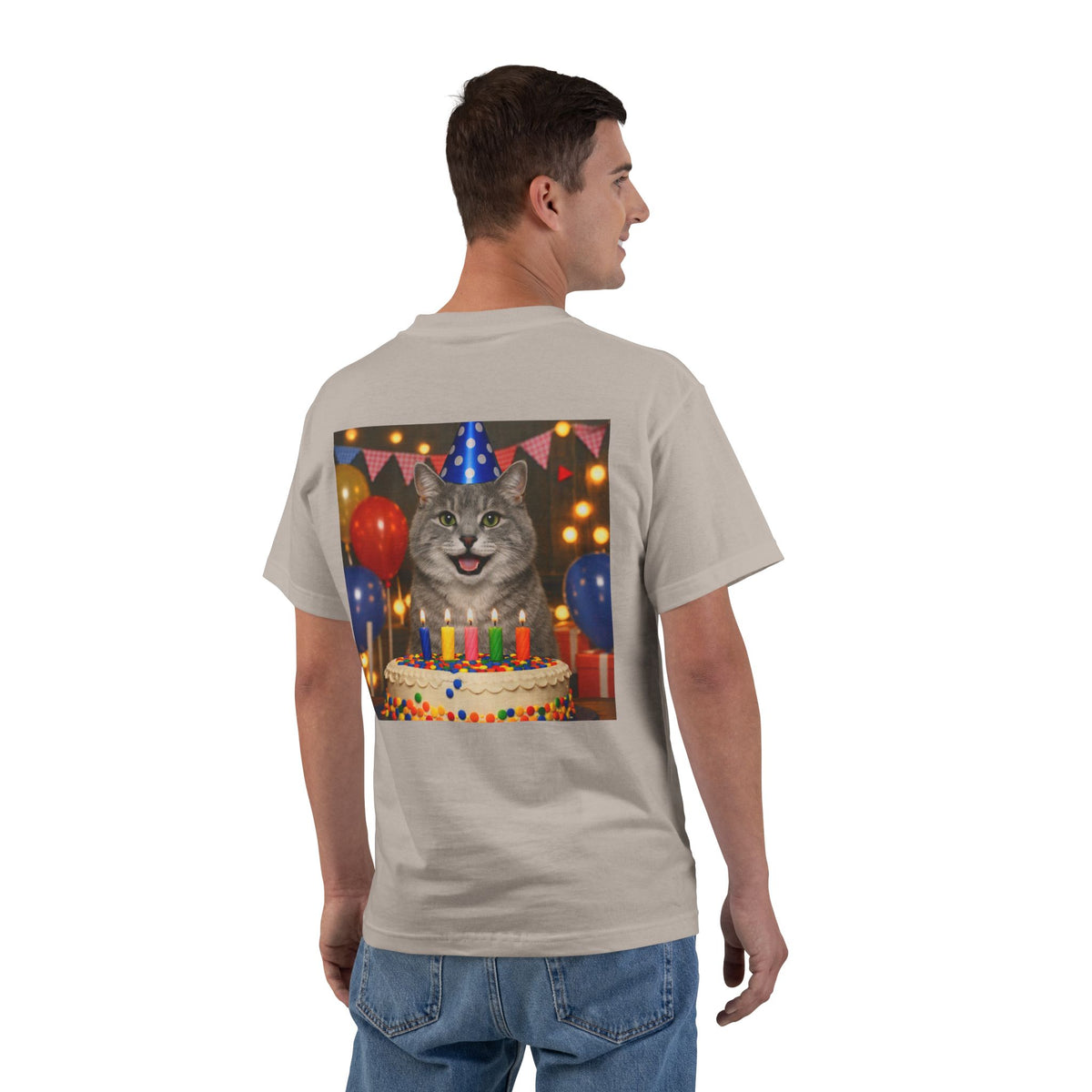 Birthday Buddy Cat Men's Short-Sleeve Crewneck Tee