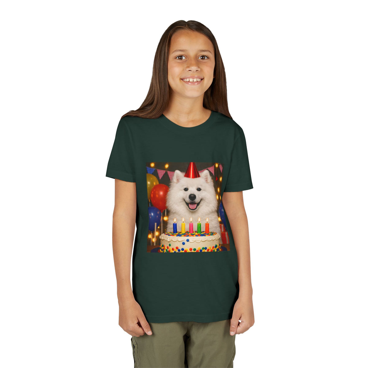 Birthday Buddy Samoyed Youth Unisex Short Sleeve Crewneck Tee