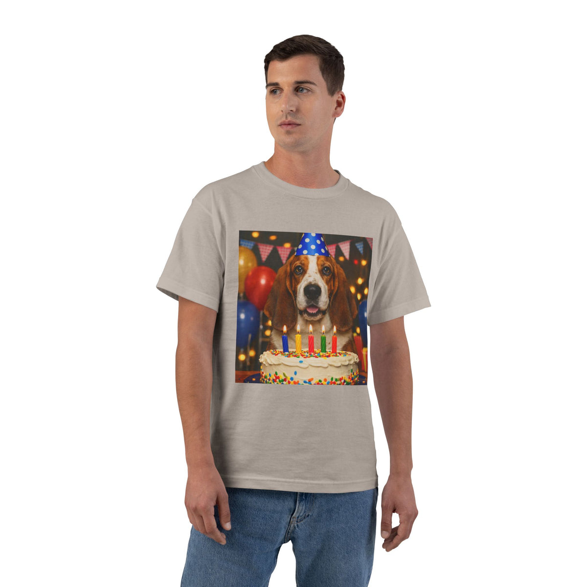 Birthday Buddy Basset Men's Short-Sleeve Crewneck Tee
