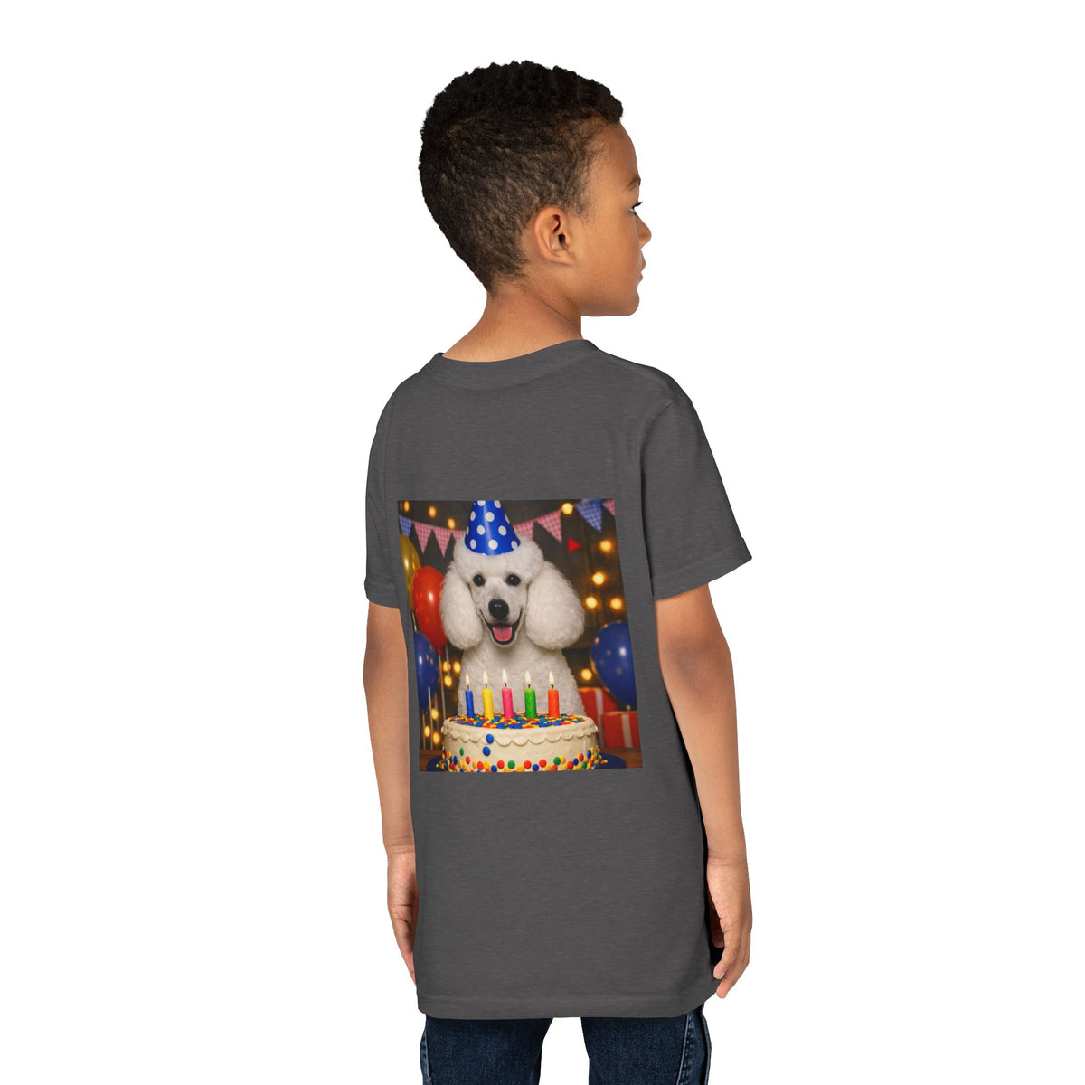 Birthday Buddy Poodle Youth Unisex Short Sleeve Crewneck Tee
