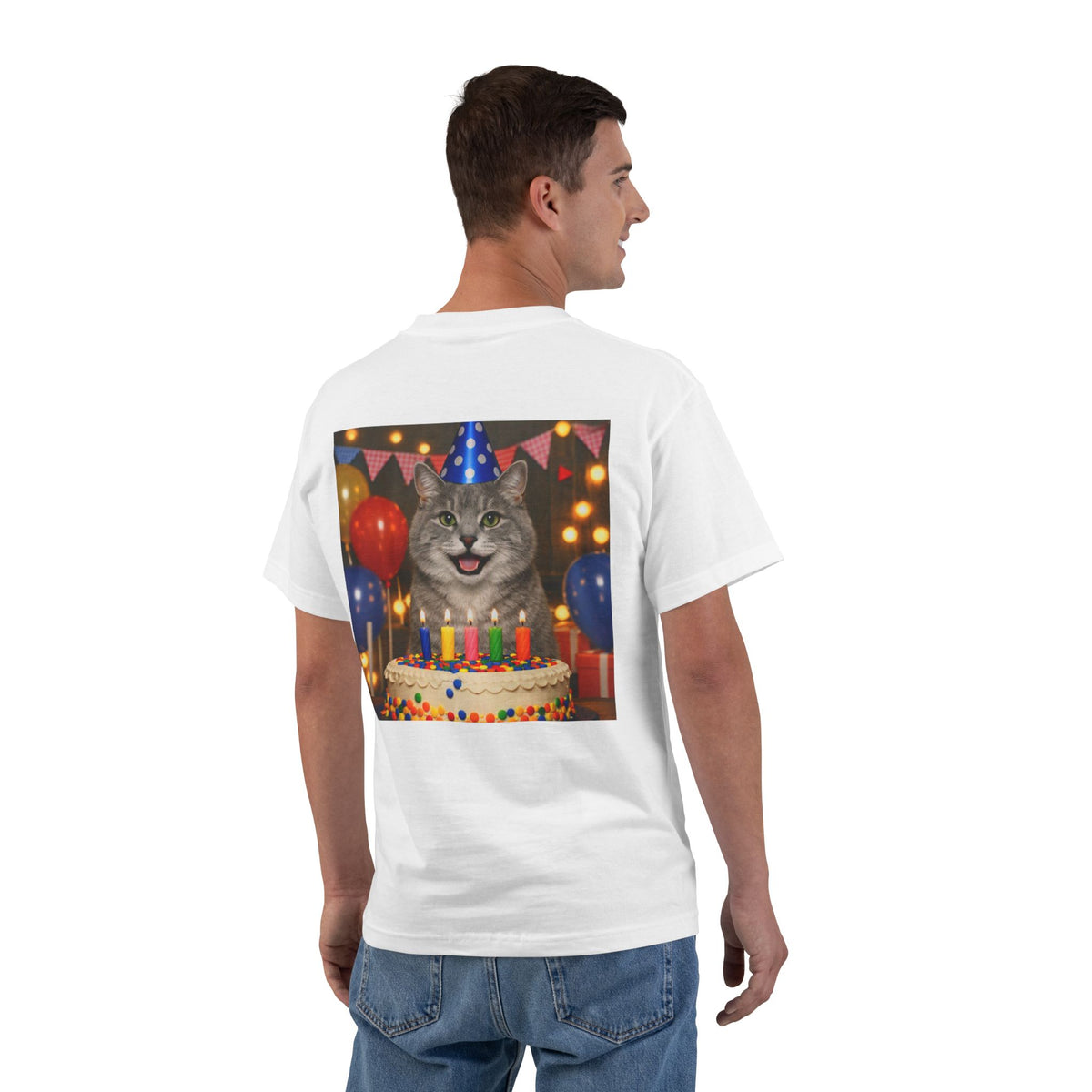 Birthday Buddy Cat Men's Short-Sleeve Crewneck Tee