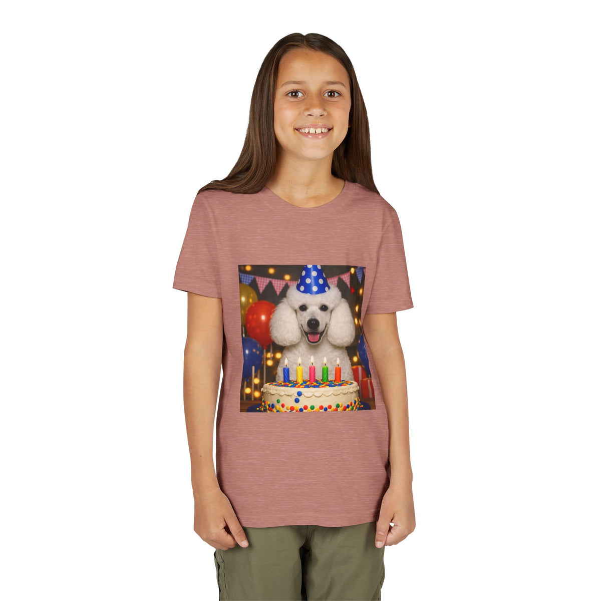 Birthday Buddy Poodle Youth Unisex Short Sleeve Crewneck Tee