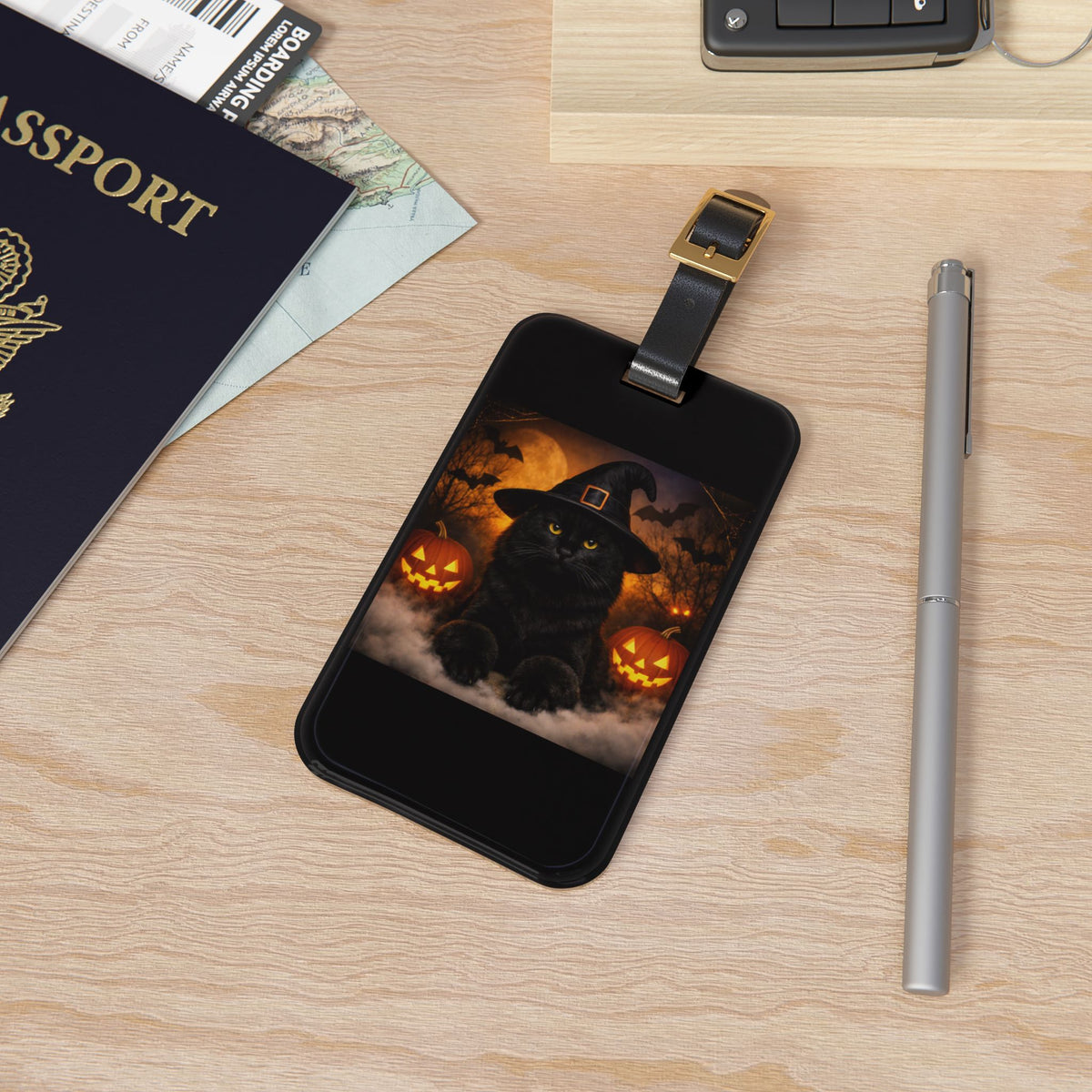 Witch Hat Pack Cat Leather Strap Luggage Tag