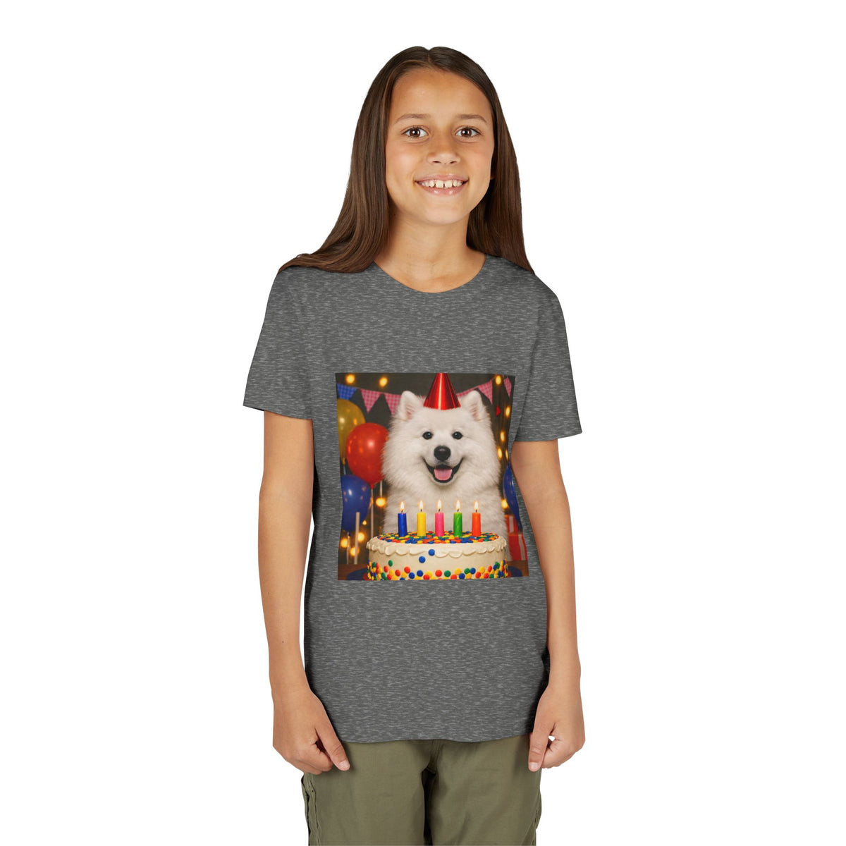 Birthday Buddy Samoyed Youth Unisex Short Sleeve Crewneck Tee