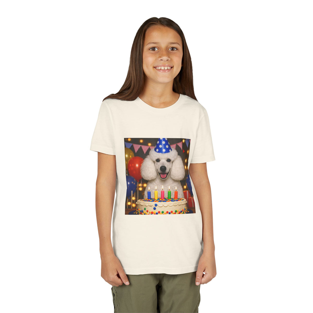 Birthday Buddy Poodle Youth Unisex Short Sleeve Crewneck Tee