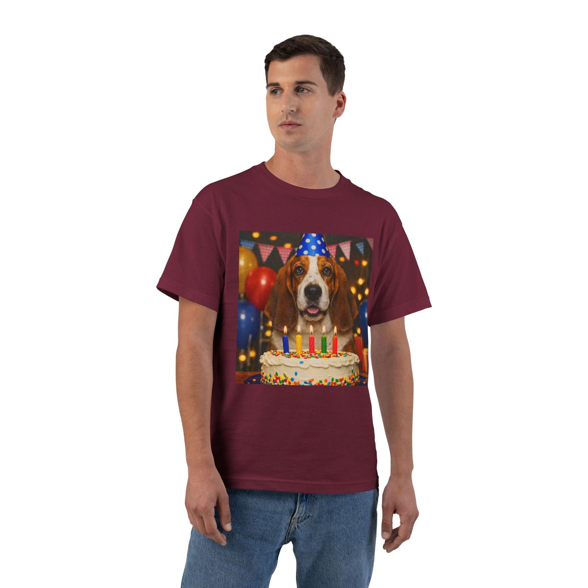 Birthday Buddy Basset Men's Short-Sleeve Crewneck Tee