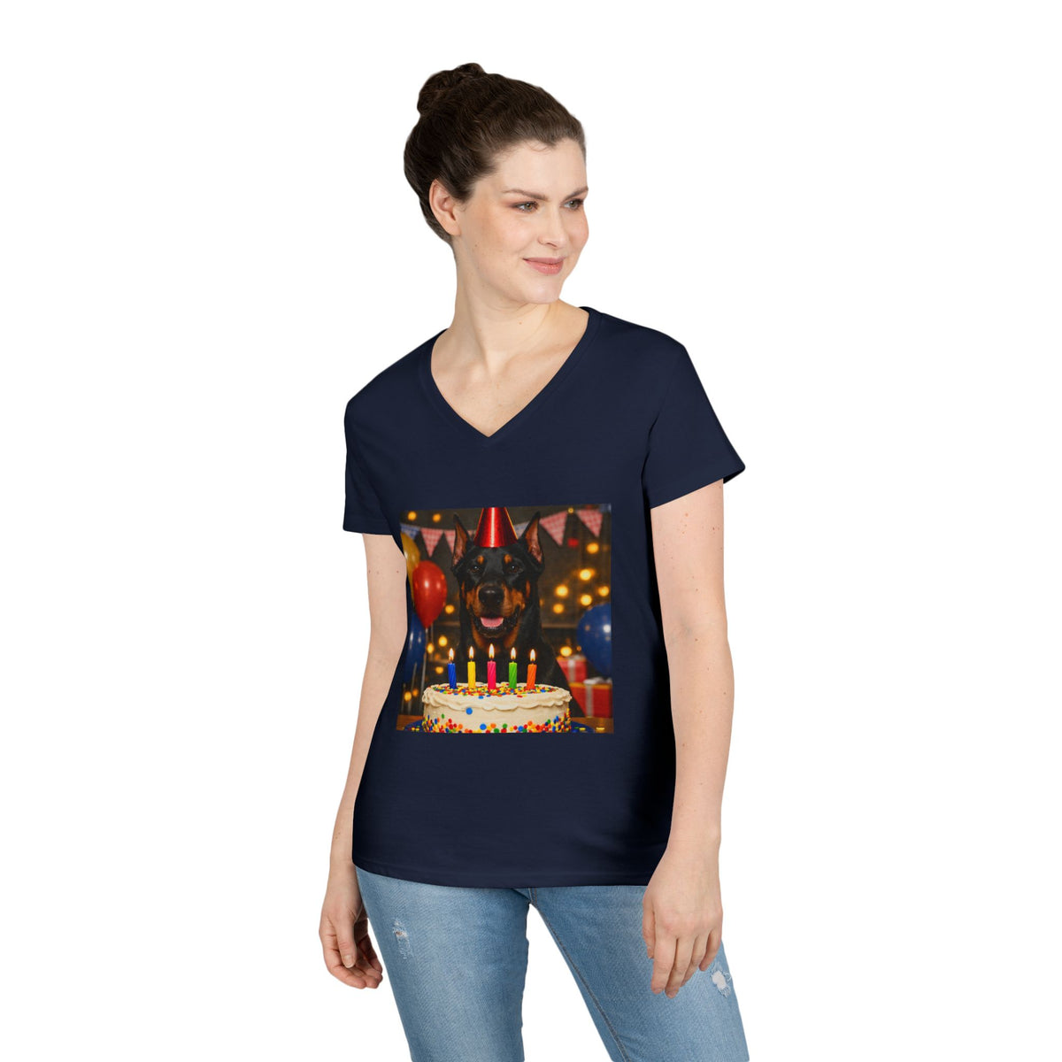 Birthday Buddy Doberman Women's V-Neck Tee