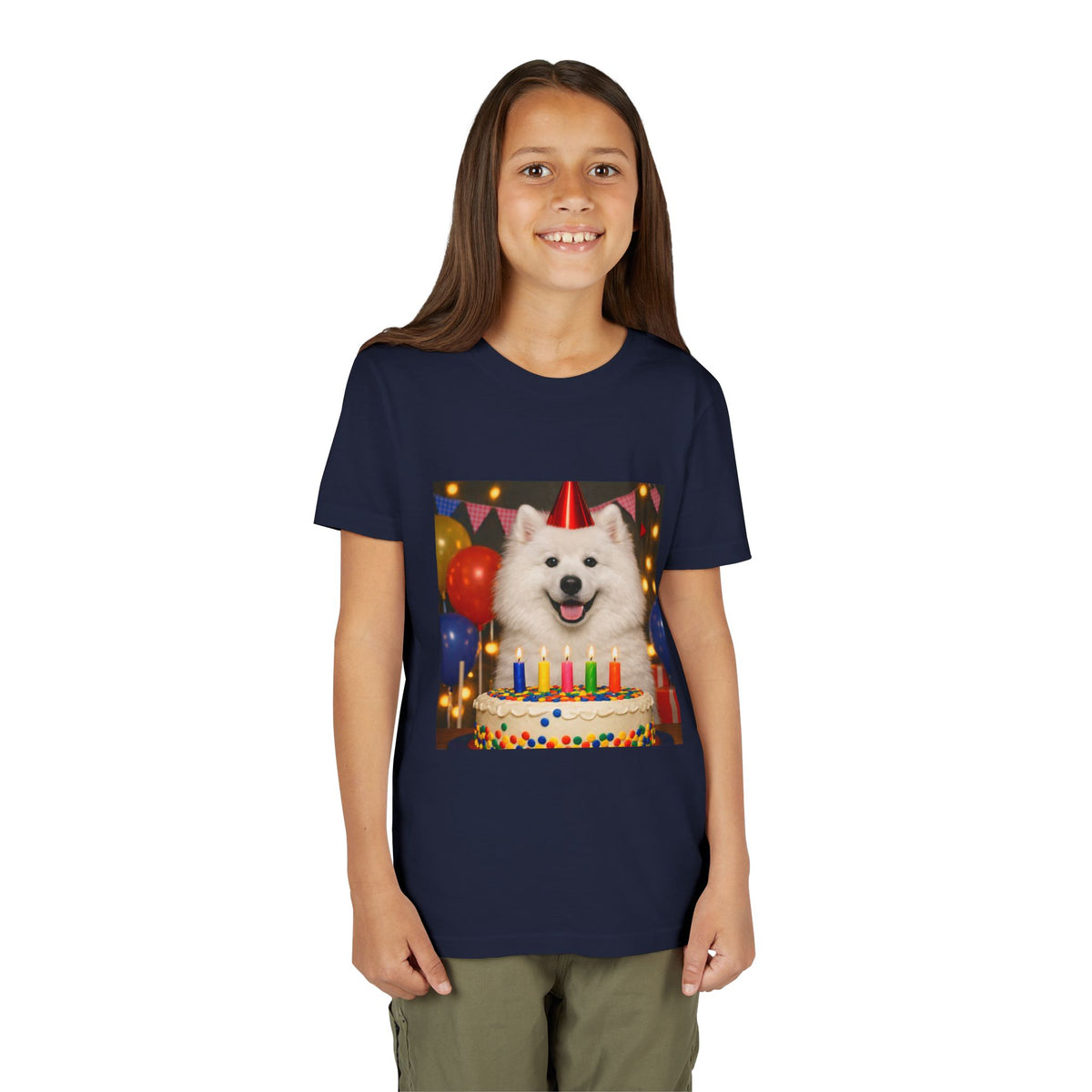 Birthday Buddy Samoyed Youth Unisex Short Sleeve Crewneck Tee