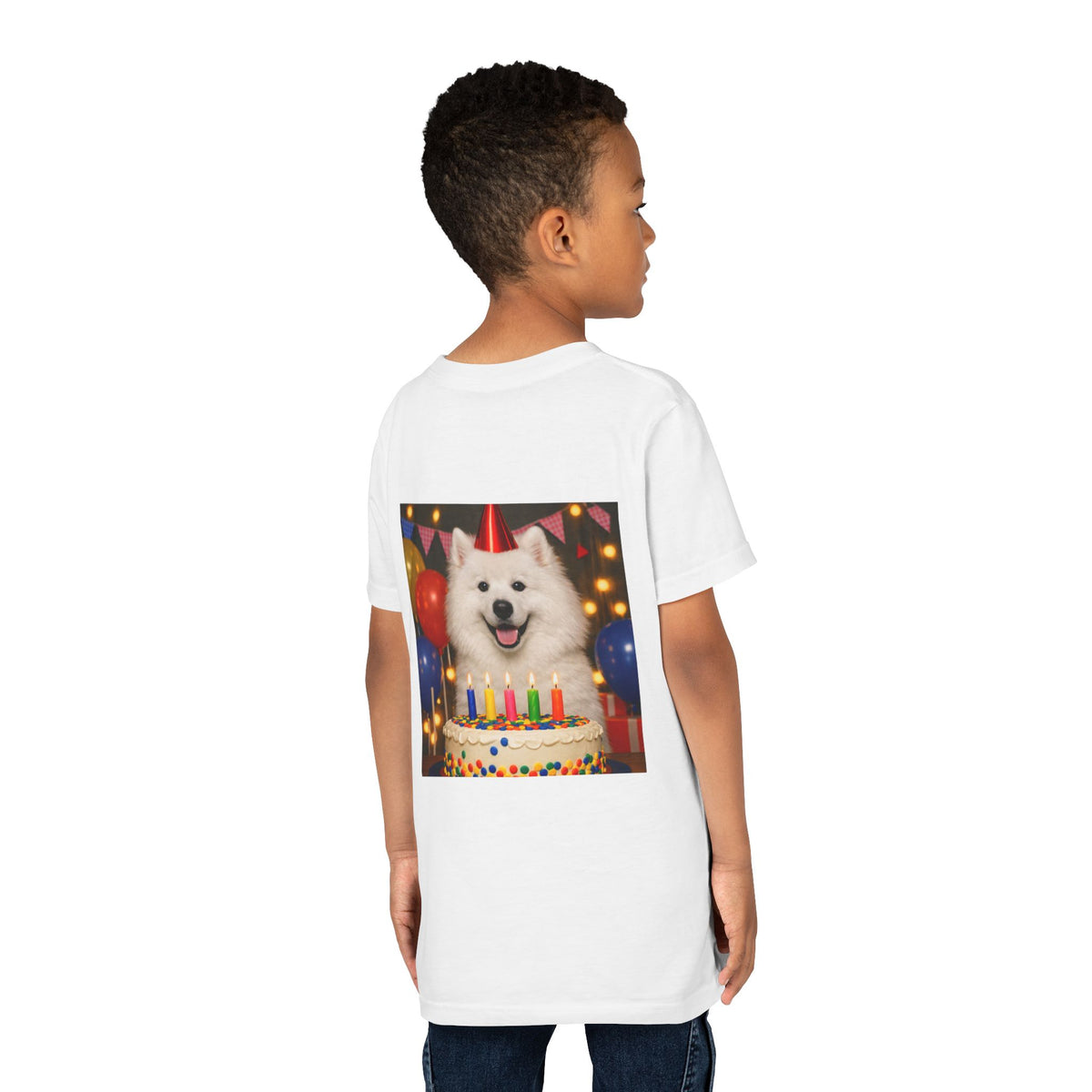 Birthday Buddy Samoyed Youth Unisex Short Sleeve Crewneck Tee