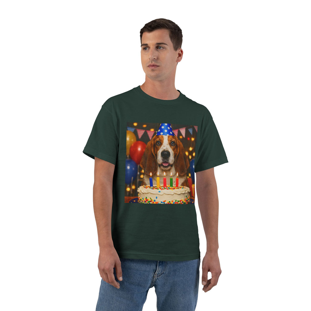 Birthday Buddy Basset Men's Short-Sleeve Crewneck Tee
