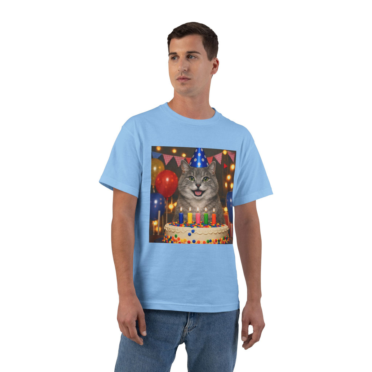 Birthday Buddy Cat Men's Short-Sleeve Crewneck Tee