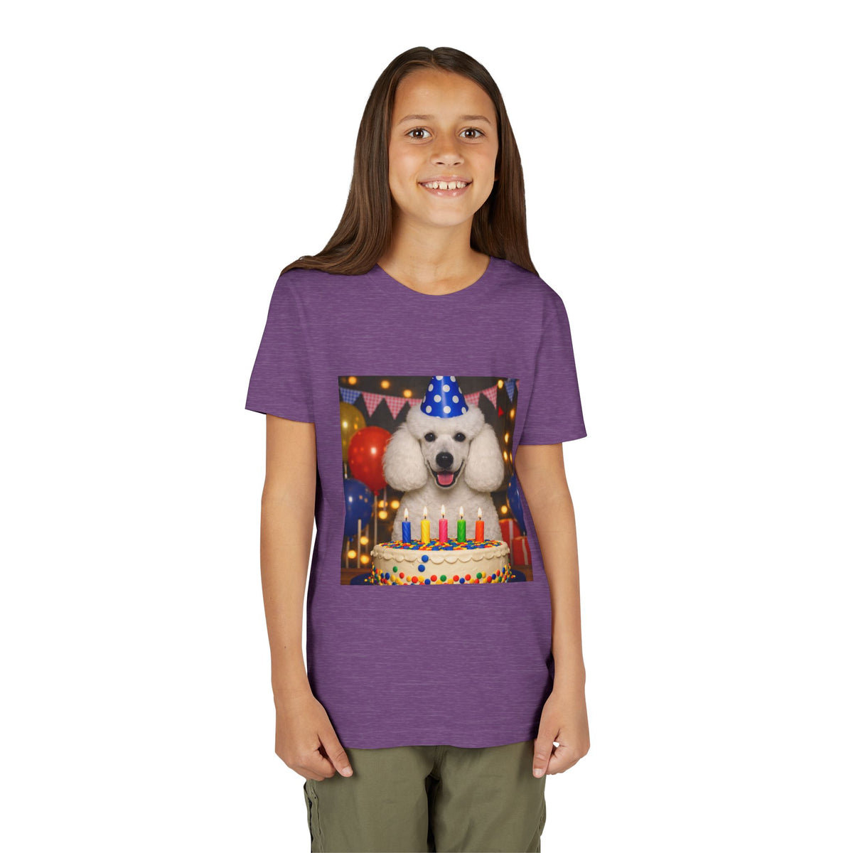 Birthday Buddy Poodle Youth Unisex Short Sleeve Crewneck Tee