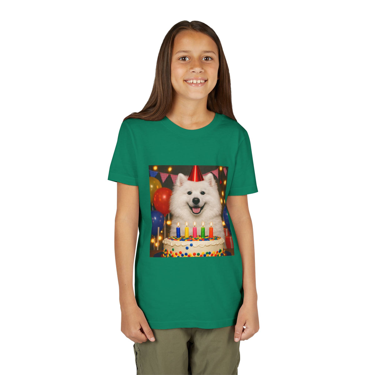 Birthday Buddy Samoyed Youth Unisex Short Sleeve Crewneck Tee