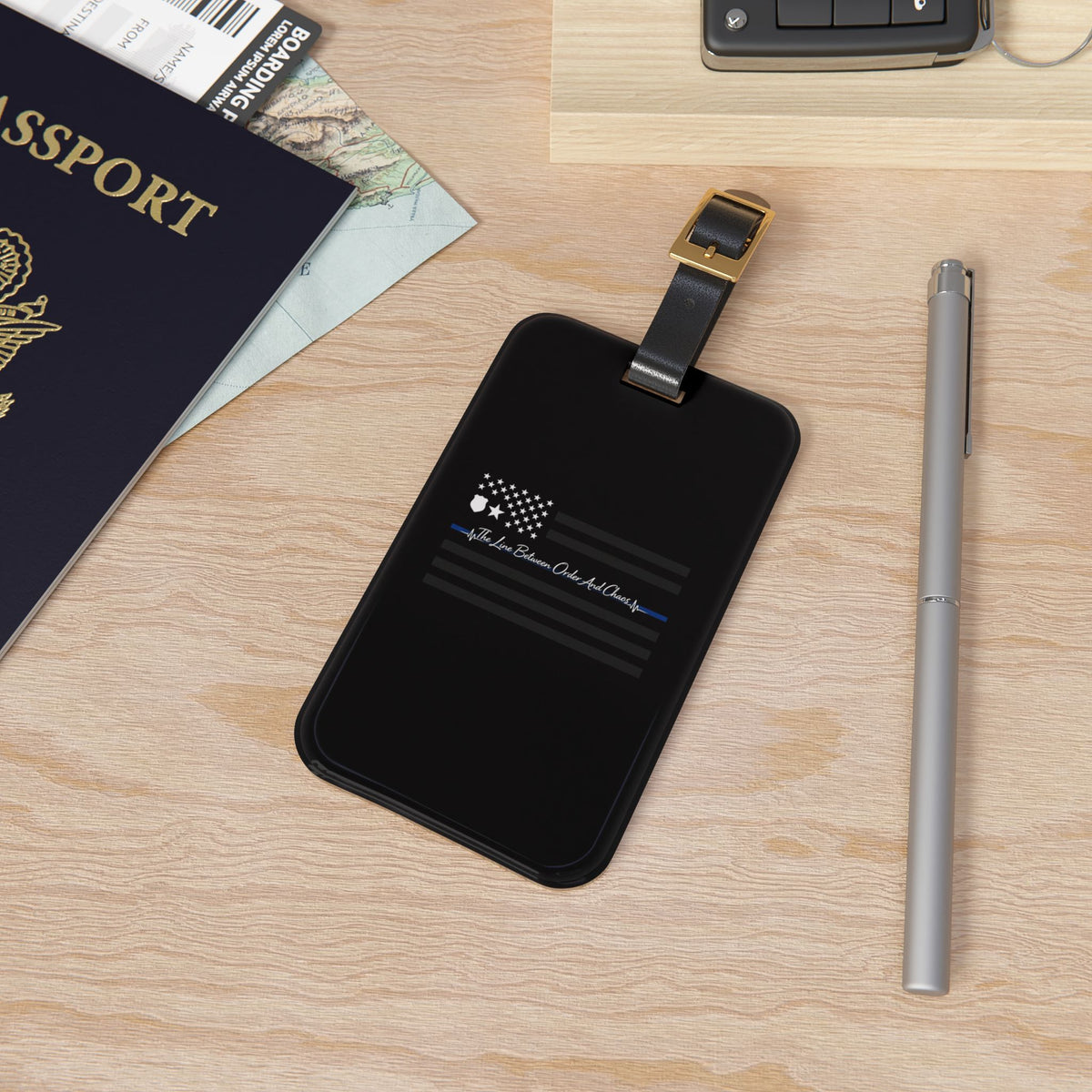 Thin Blue Line Leather Strap Luggage Tag
