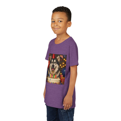 Birthday Buddy Malamute Youth Unisex Short Sleeve Crewneck Tee