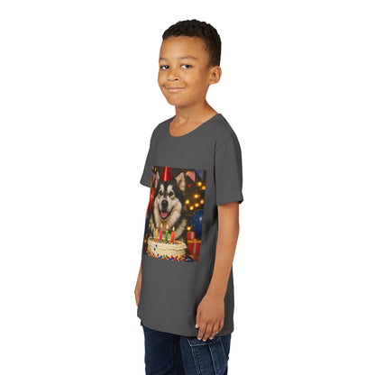 Birthday Buddy Malamute Youth Unisex Short Sleeve Crewneck Tee