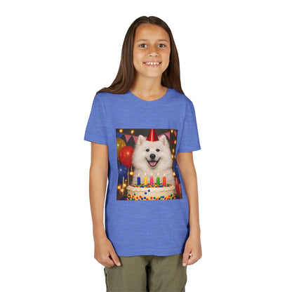 Birthday Buddy Samoyed Youth Unisex Short Sleeve Crewneck Tee