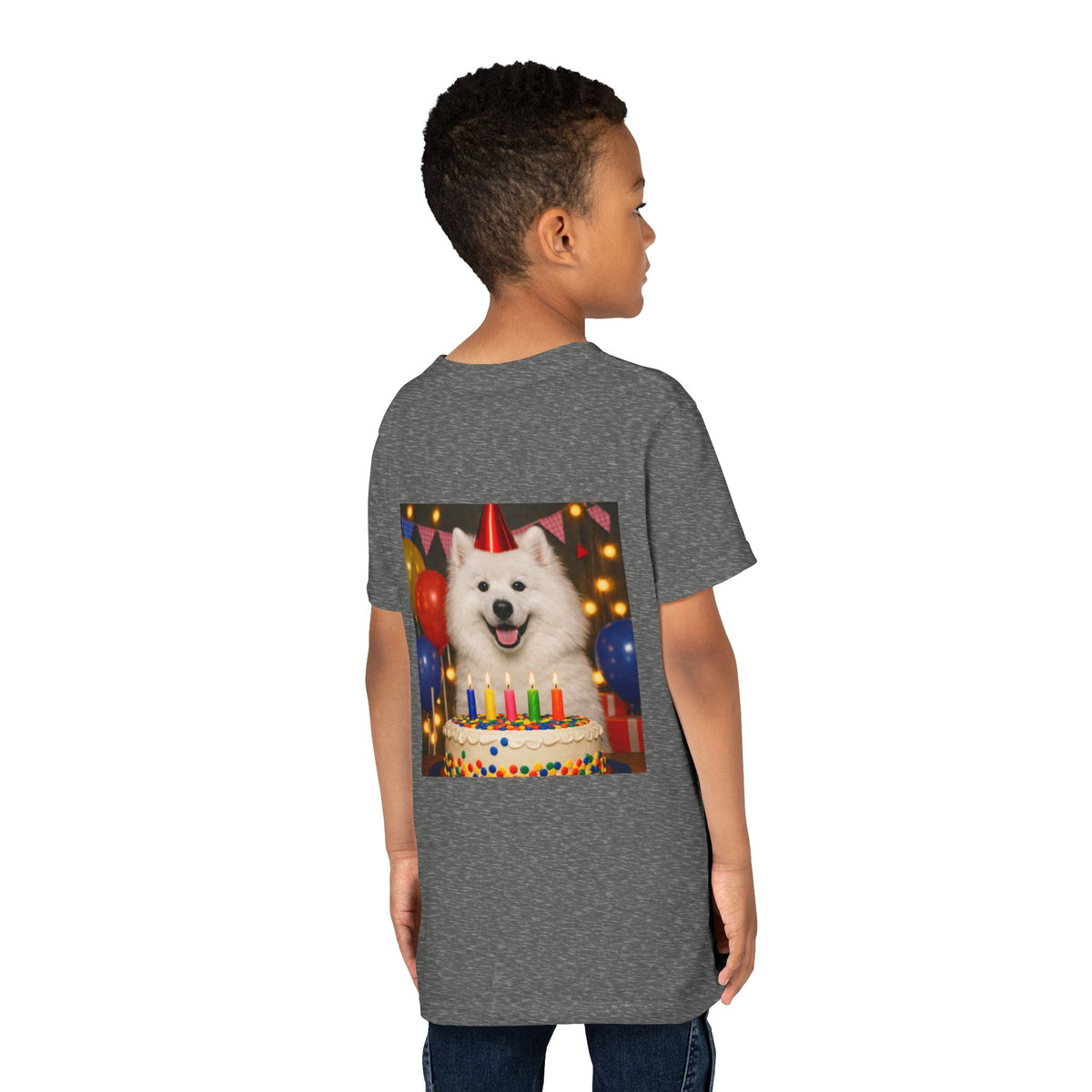 Birthday Buddy Samoyed Youth Unisex Short Sleeve Crewneck Tee