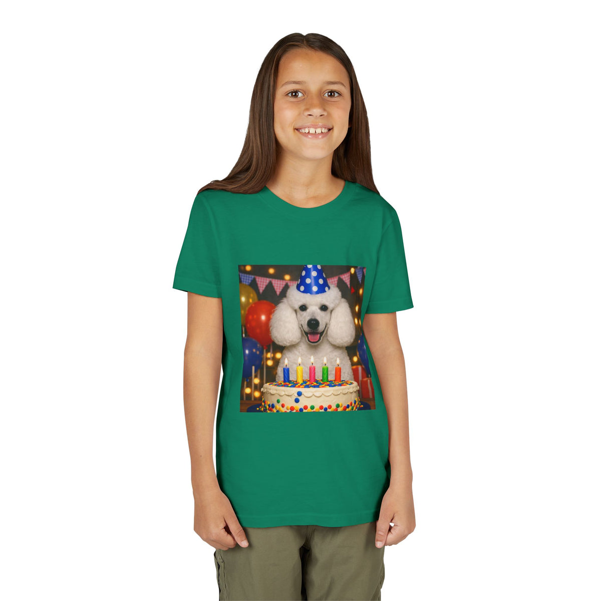 Birthday Buddy Poodle Youth Unisex Short Sleeve Crewneck Tee