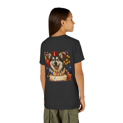 Birthday Buddy Malamute Youth Unisex Short Sleeve Crewneck Tee