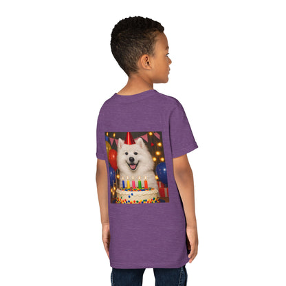 Birthday Buddy Samoyed Youth Unisex Short Sleeve Crewneck Tee