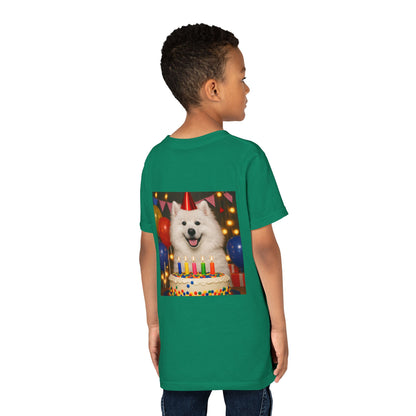 Birthday Buddy Samoyed Youth Unisex Short Sleeve Crewneck Tee