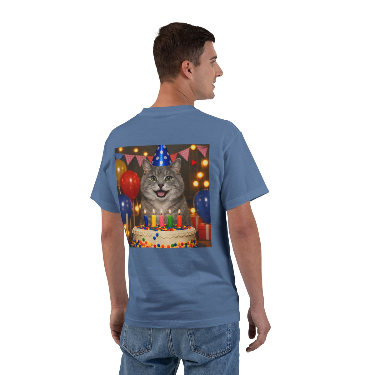Birthday Buddy Cat Men's Short-Sleeve Crewneck Tee