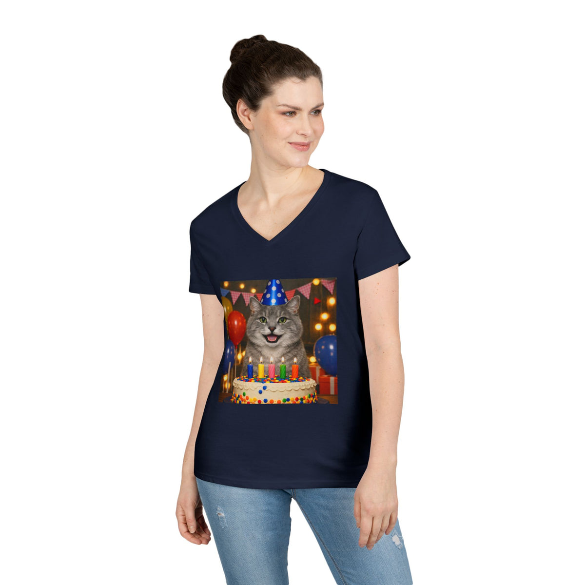 Birthday Buddy Cat Women's V-Neck Tee