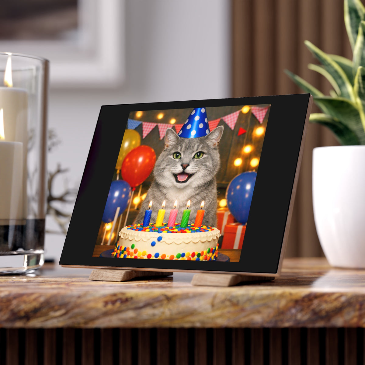Birthday Buddy Cat Ceramic Photo Tile
