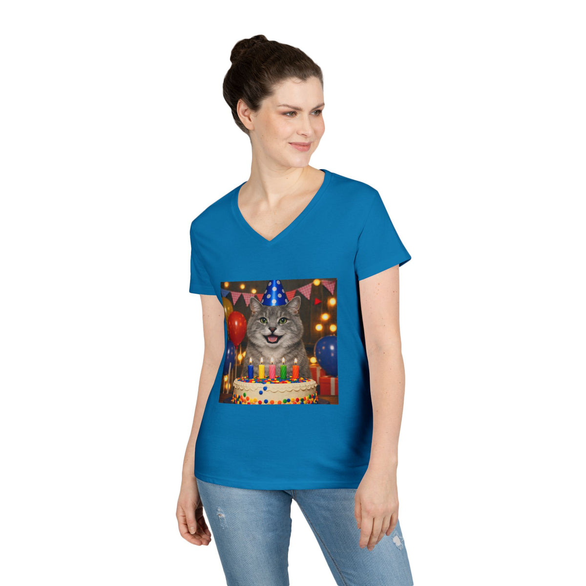 Birthday Buddy Cat Women's V-Neck Tee