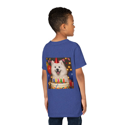 Birthday Buddy Samoyed Youth Unisex Short Sleeve Crewneck Tee