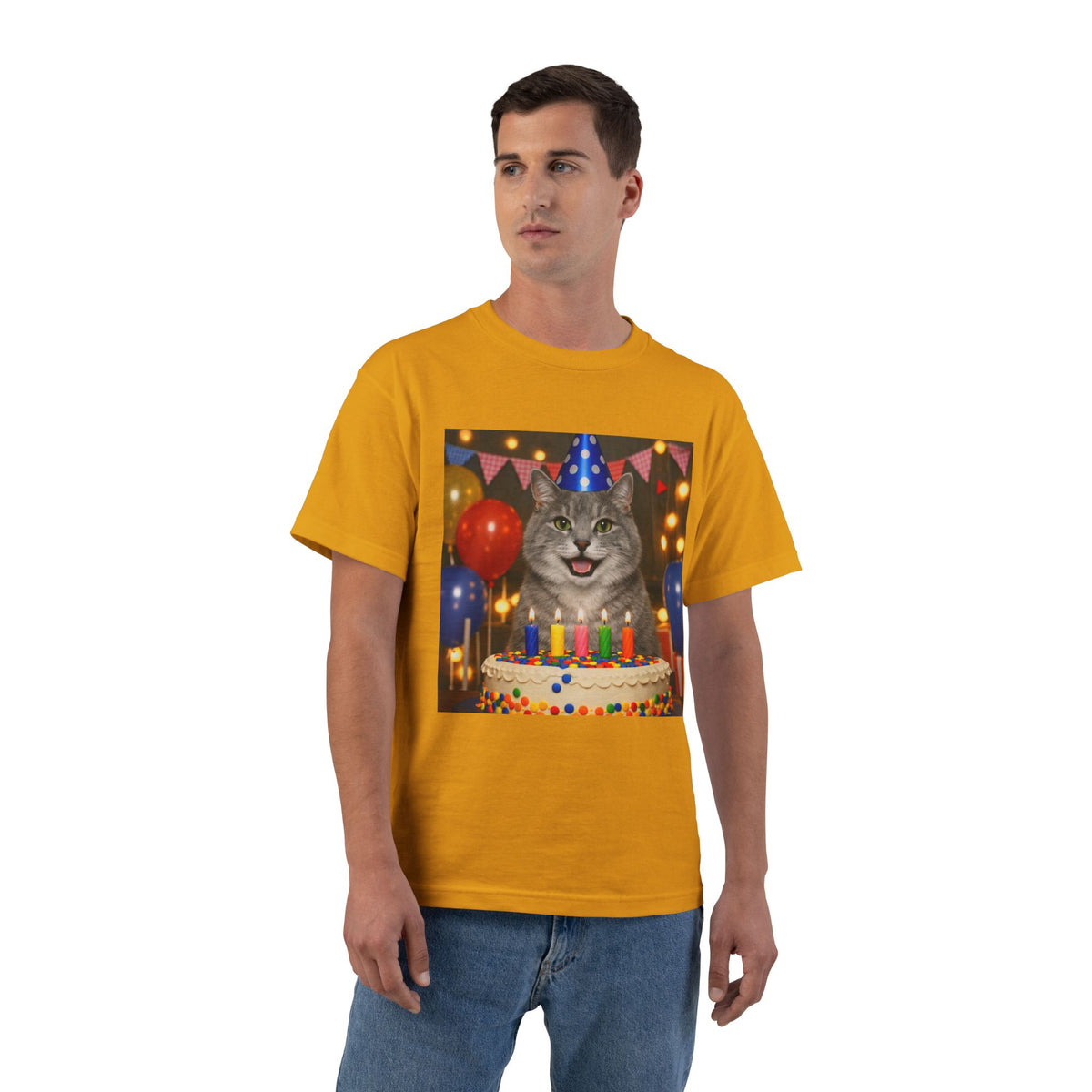 Birthday Buddy Cat Men's Short-Sleeve Crewneck Tee