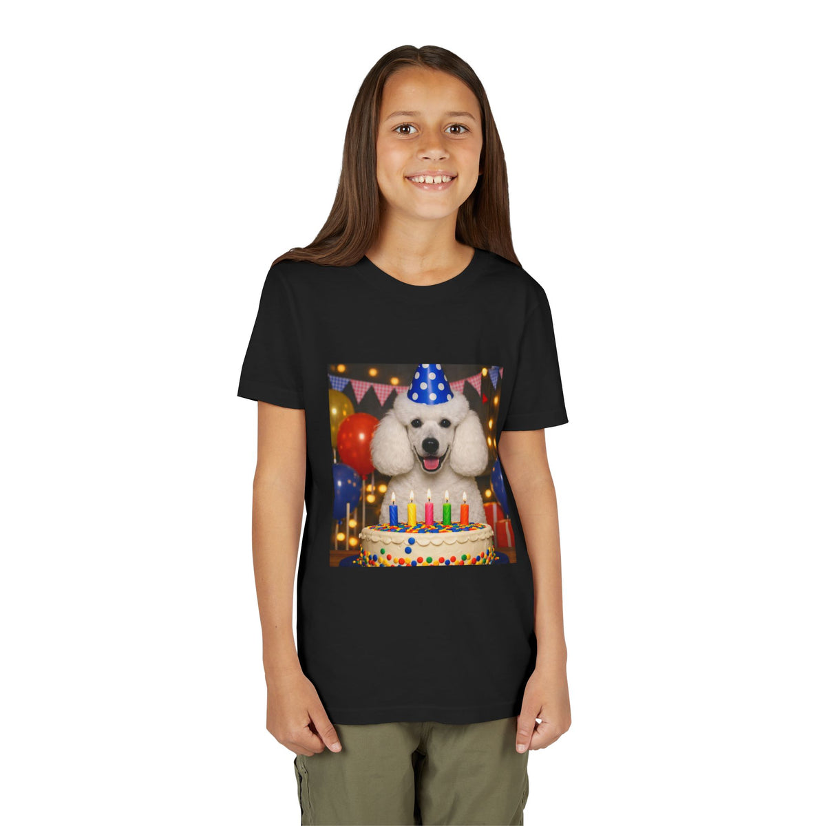 Birthday Buddy Poodle Youth Unisex Short Sleeve Crewneck Tee