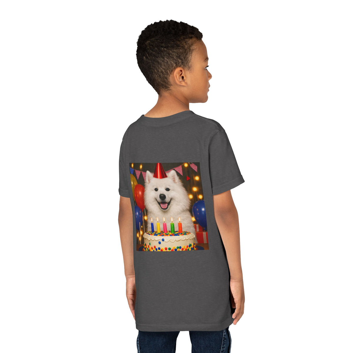 Birthday Buddy Samoyed Youth Unisex Short Sleeve Crewneck Tee