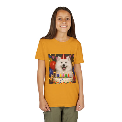 Birthday Buddy Samoyed Youth Unisex Short Sleeve Crewneck Tee