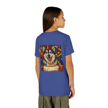 Birthday Buddy Malamute Youth Unisex Short Sleeve Crewneck Tee