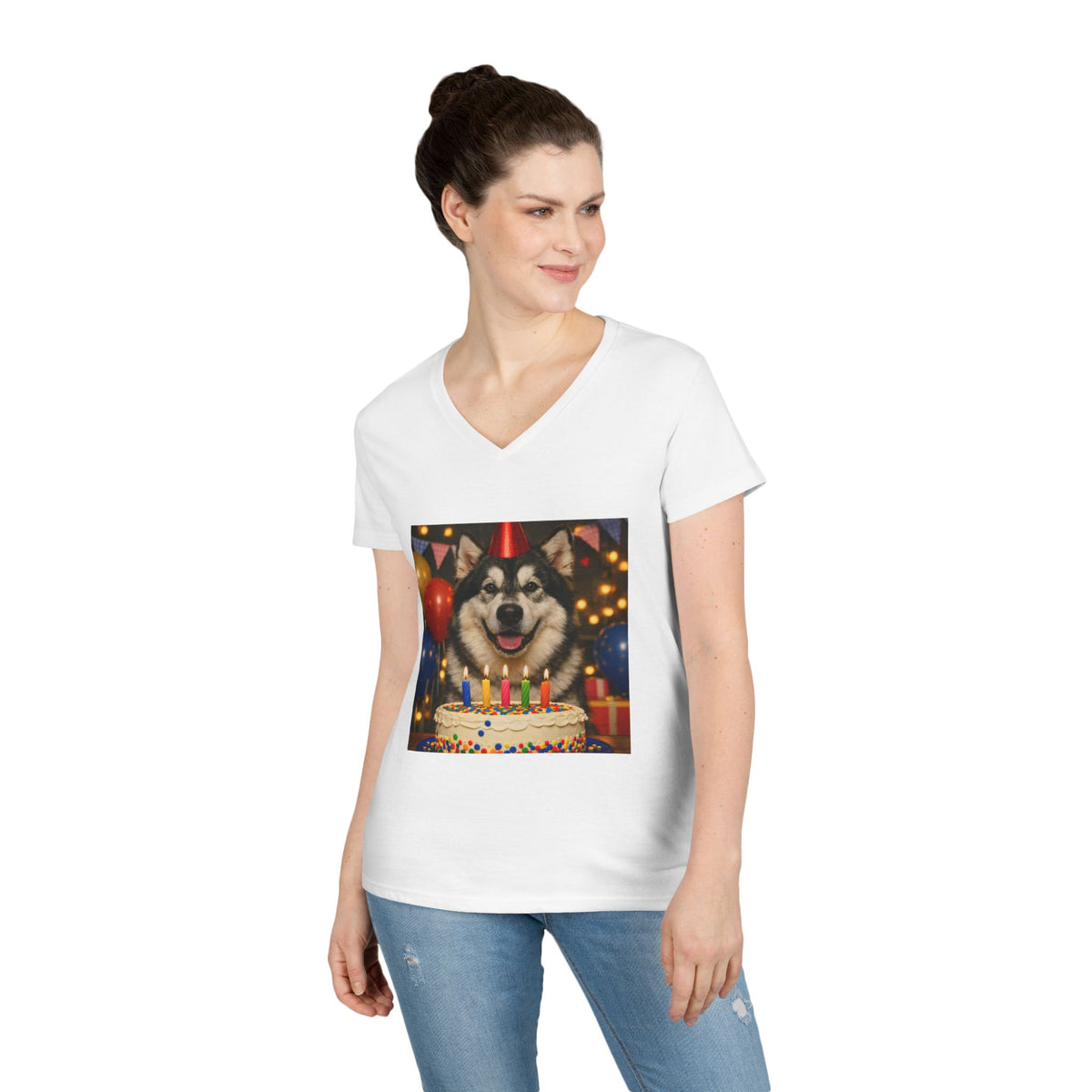 Birthday Buddy Malamute Women's V-Neck Tee