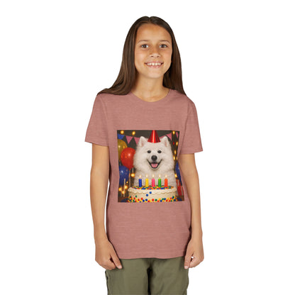 Birthday Buddy Samoyed Youth Unisex Short Sleeve Crewneck Tee