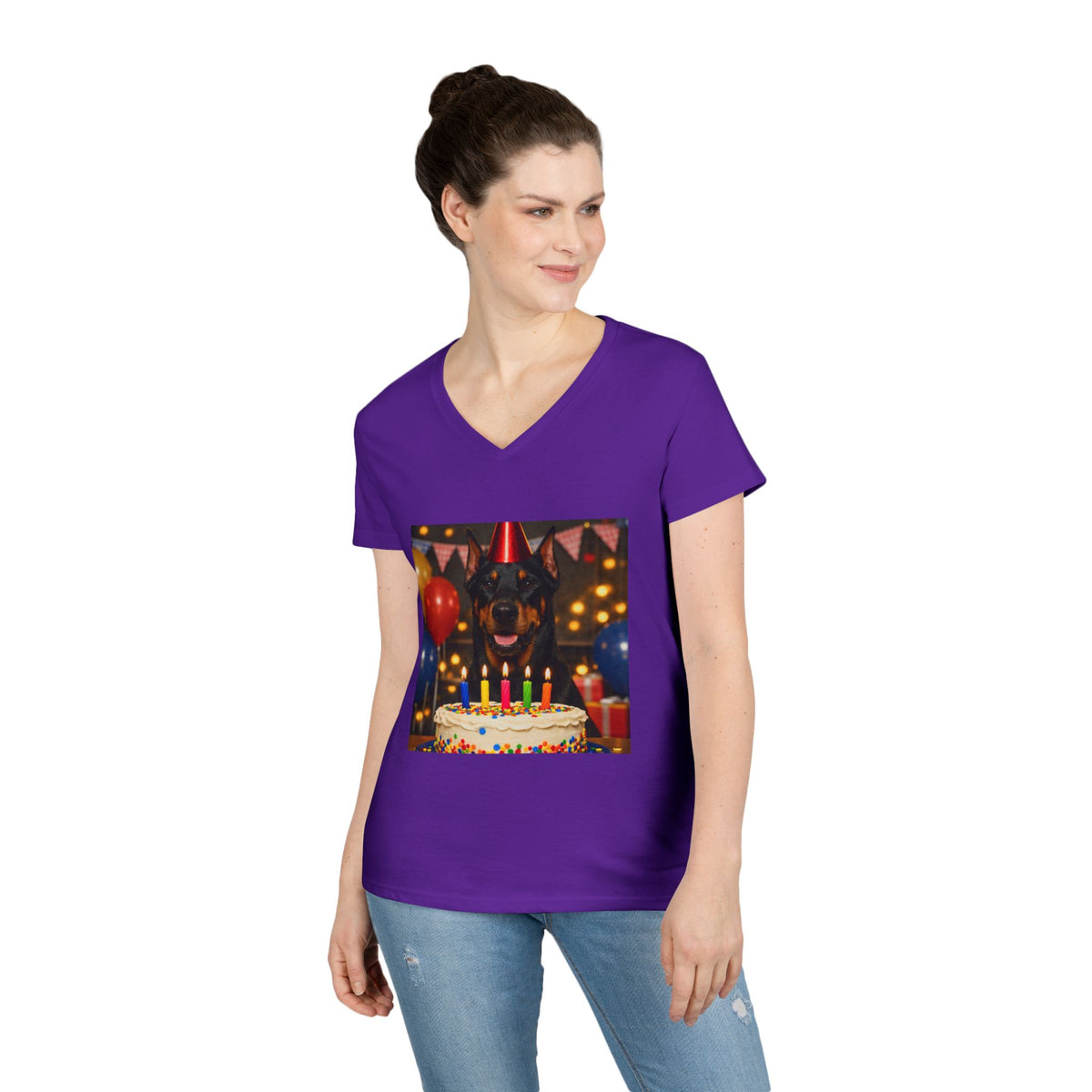 Birthday Buddy Doberman Women's V-Neck Tee