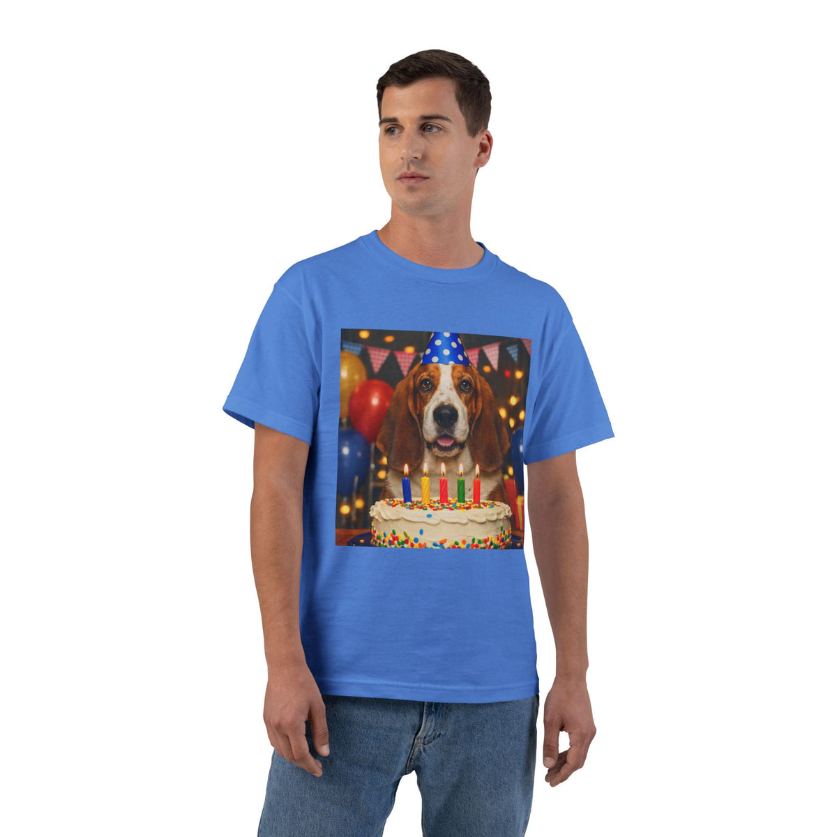 Birthday Buddy Basset Men's Short-Sleeve Crewneck Tee