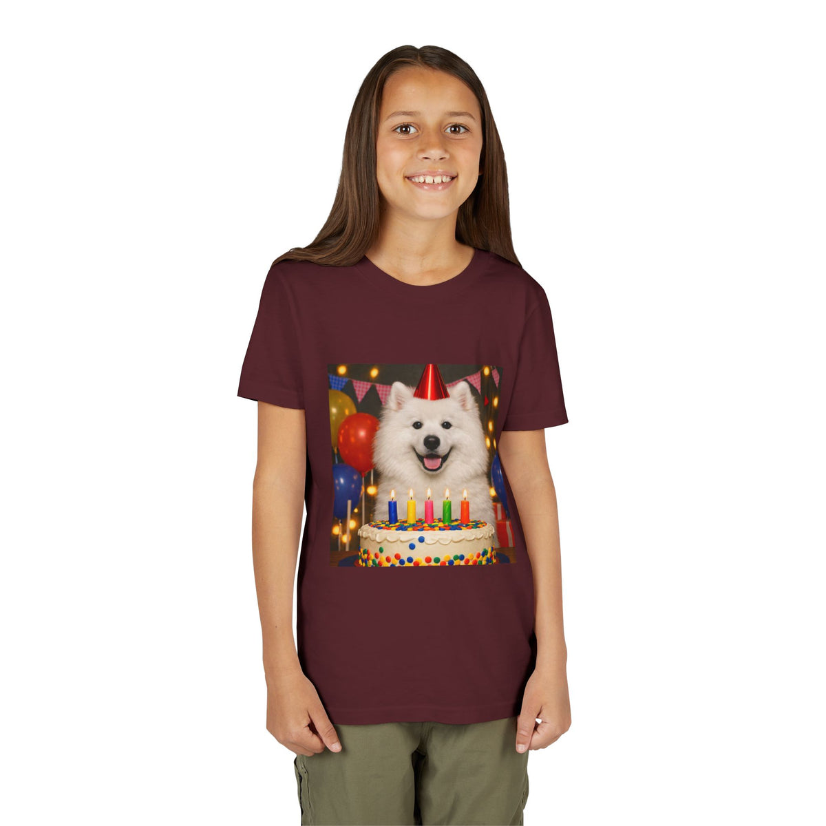 Birthday Buddy Samoyed Youth Unisex Short Sleeve Crewneck Tee