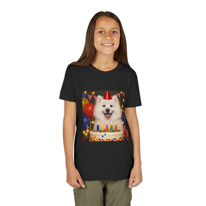 Birthday Buddy Samoyed Youth Unisex Short Sleeve Crewneck Tee