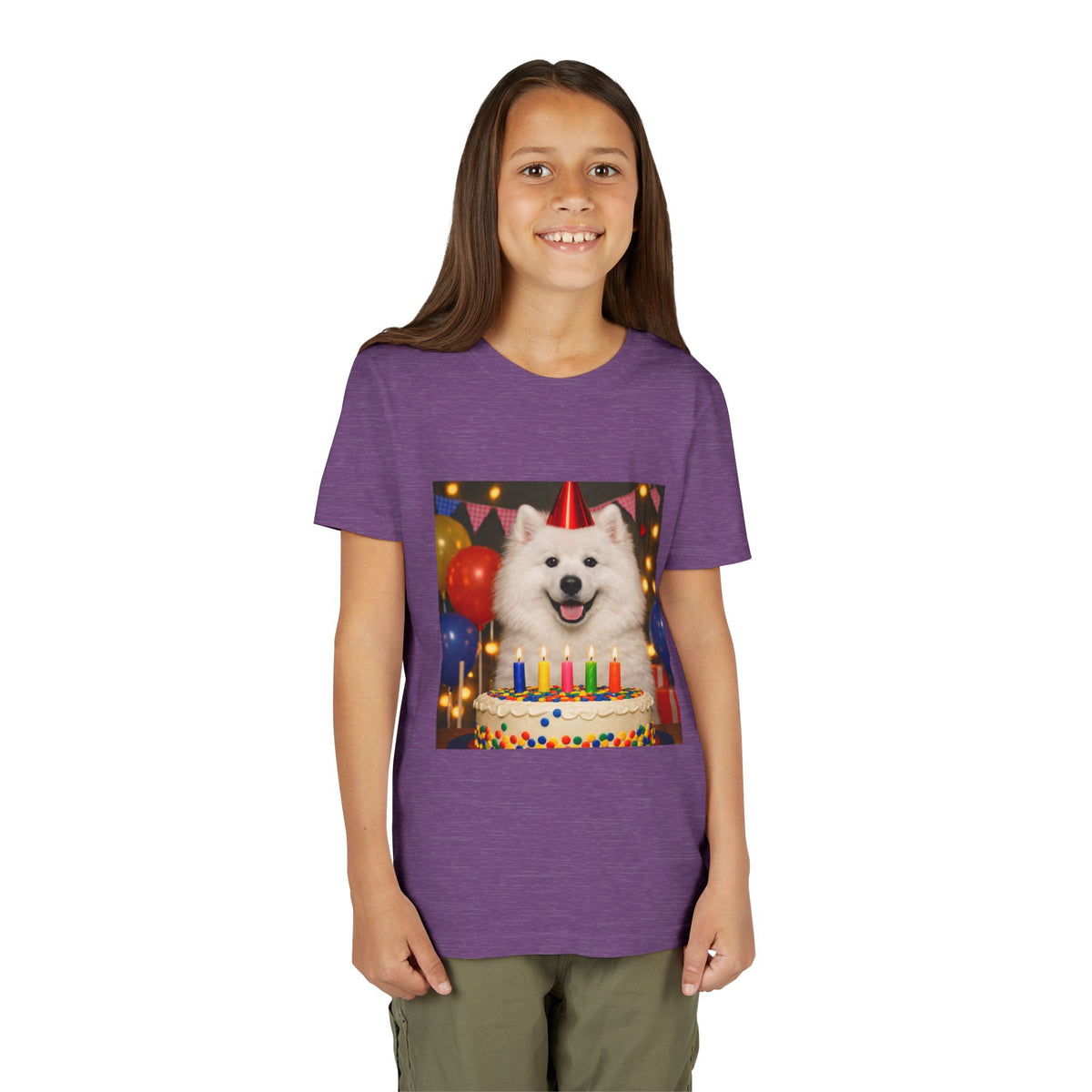 Birthday Buddy Samoyed Youth Unisex Short Sleeve Crewneck Tee