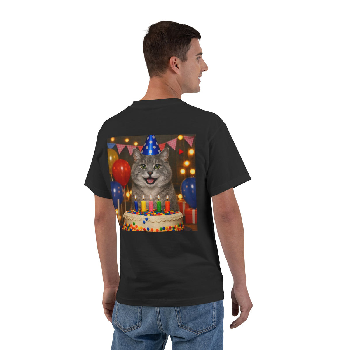 Birthday Buddy Cat Men's Short-Sleeve Crewneck Tee