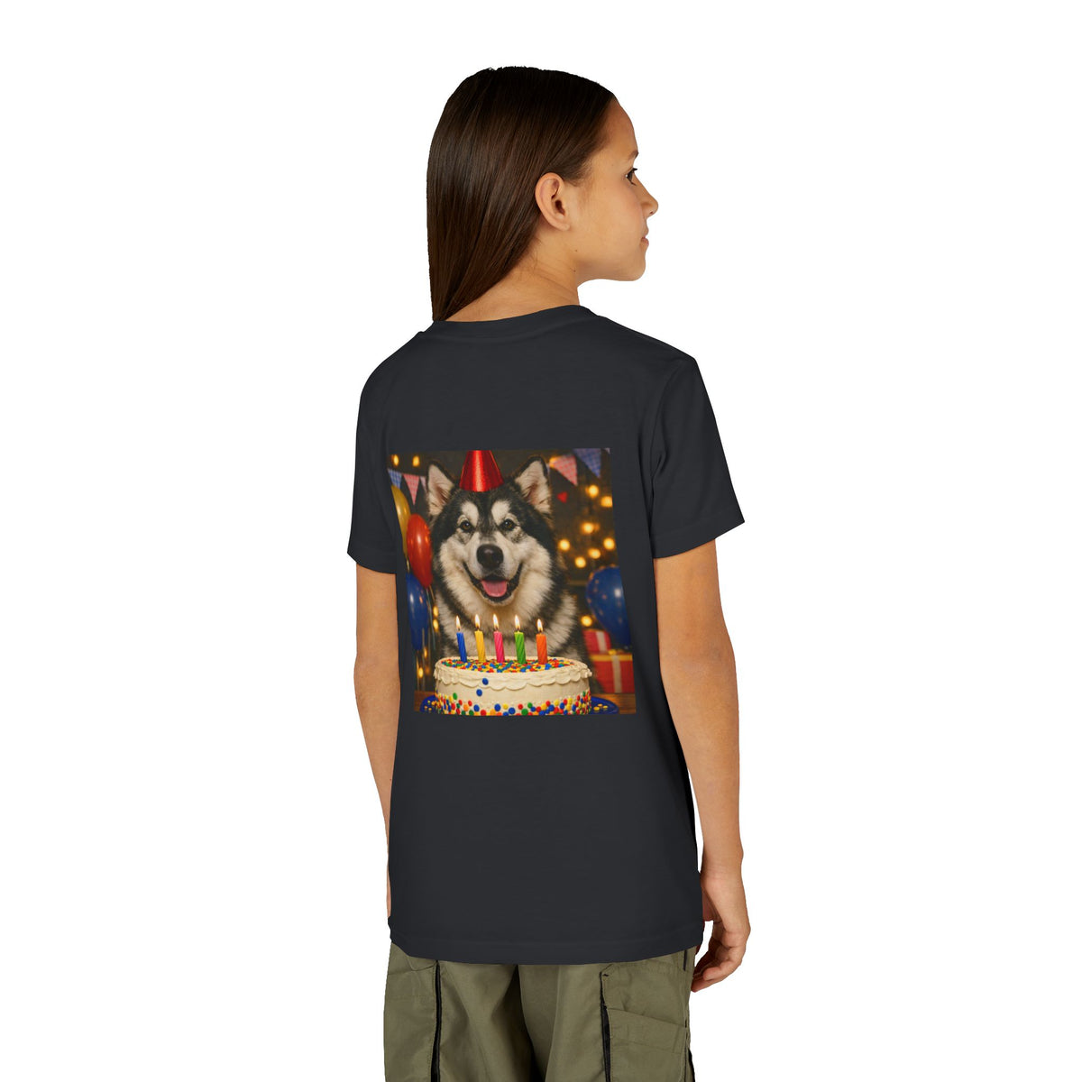 Birthday Buddy Malamute Youth Unisex Short Sleeve Crewneck Tee